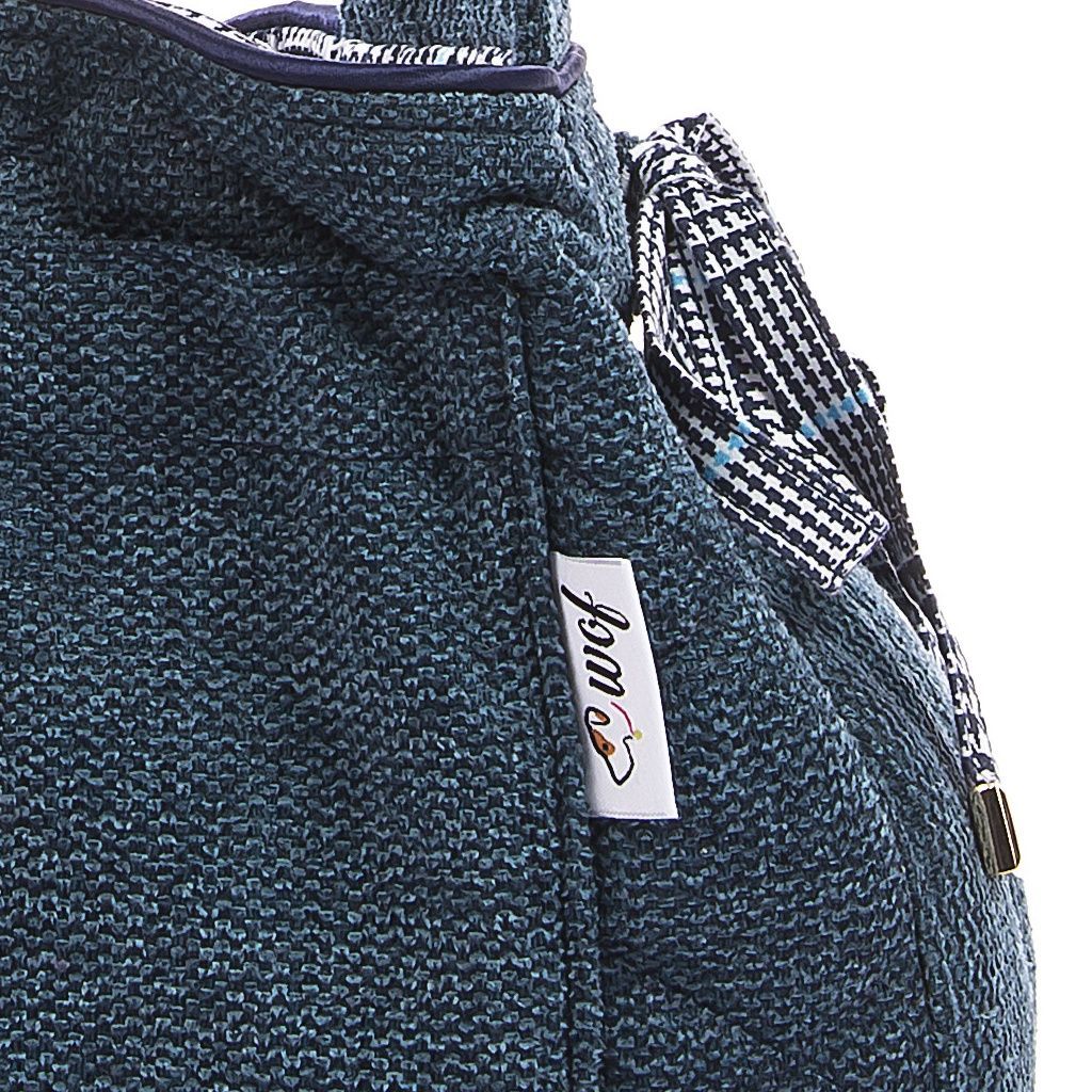 Bolso bandolera azul jaspeado con interior en pata de gallo azul lado detalle 2 Bolso bandolera azul jaspeado con interior en pata de gallo azul lado detalle 2