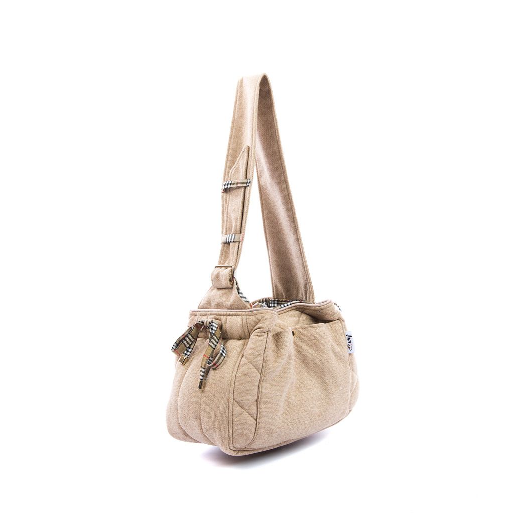 Bolso bandolera beige interior cuadros beige lado Bolso bandolera beige interior cuadros beige lado