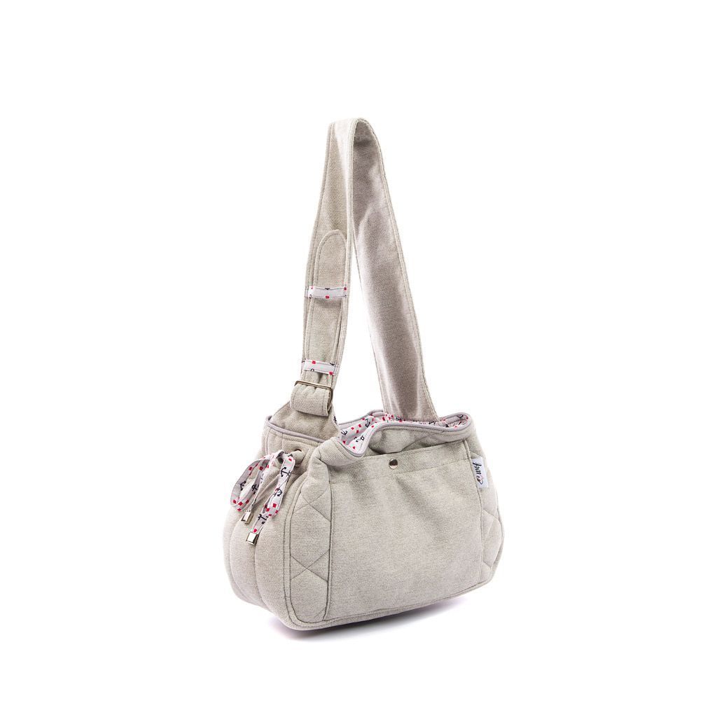 Bolso bandolera gris claro interior blanco con anclas y puntos rojos lado Bolso bandolera gris claro interior blanco con anclas y puntos rojos lado
