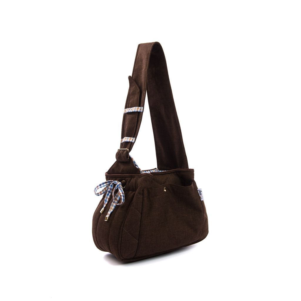 Bolso bandolera marrón chocolate con interior cuadros azul y marrón lado Bolso bandolera marrón chocolate con interior cuadros azul y marrón lado