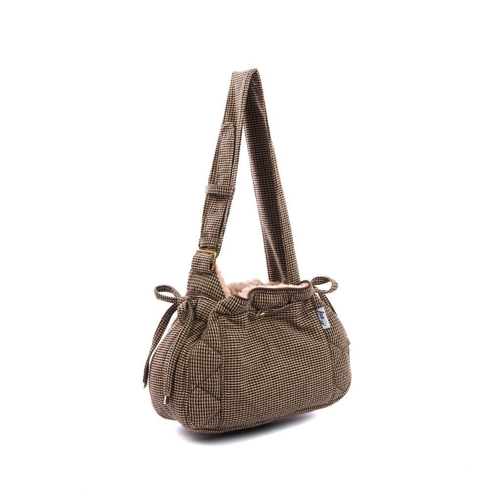 Bolso bandolera pata de gallo marrón interior beige pelo corto lado Bolso bandolera pata de gallo marrón interior beige pelo corto lado