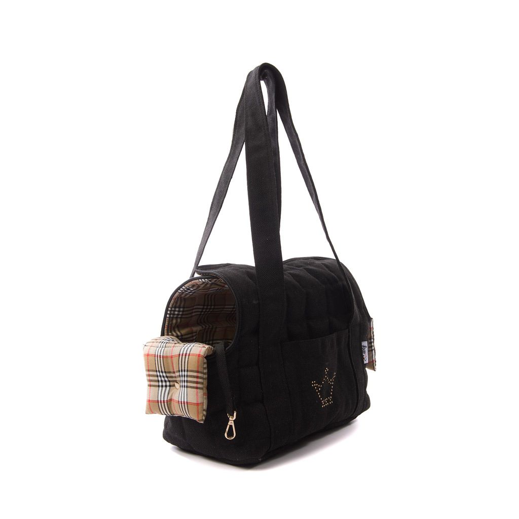 Bolso de doble tapa negro forro cuadros beige lado Bolso de doble tapa negro forro cuadros beige lado