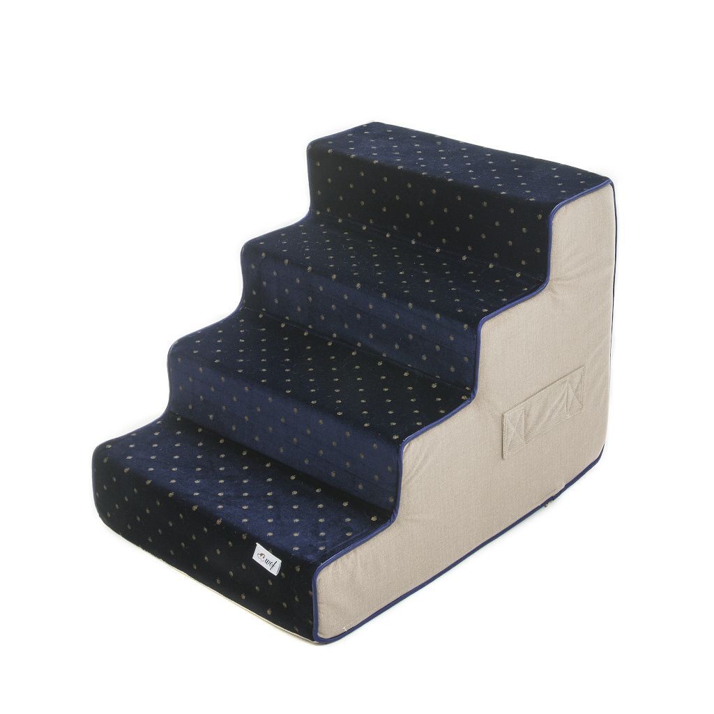escalera para perro beige con terciopelo azul marino y manzanas doradas escalera para perro beige con terciopelo azul marino y manzanas doradas