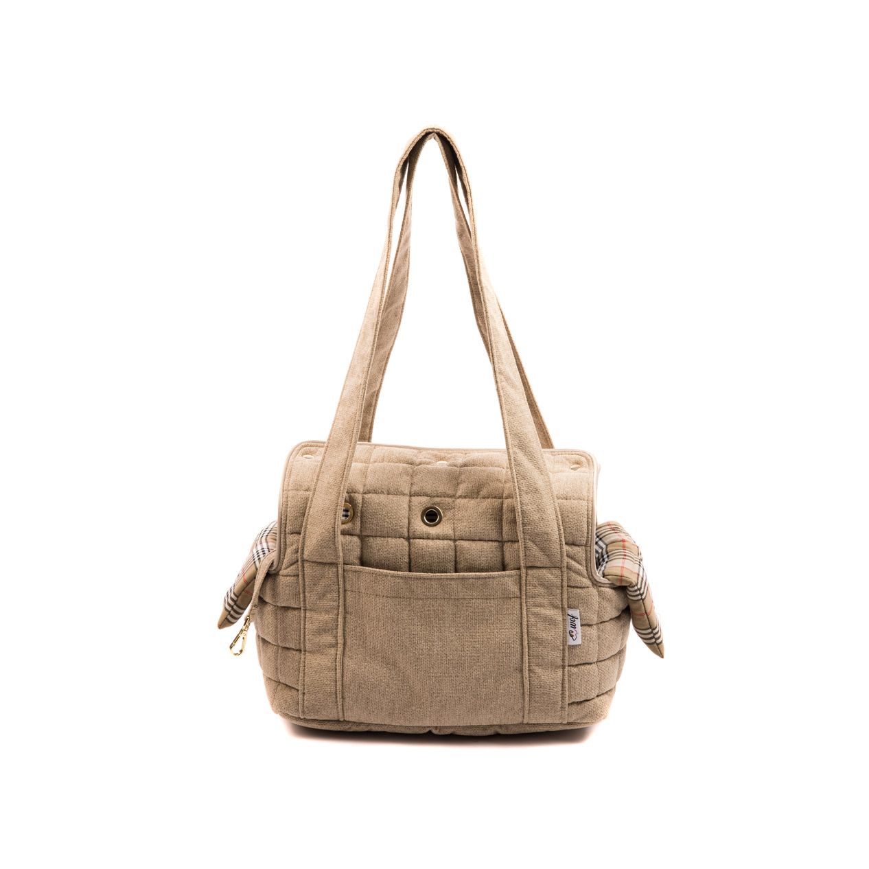 bolso doble tapa beige forro cuadros lineas rojas negras frontal bolso doble tapa beige forro cuadros lineas rojas negras frontal